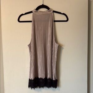 Chelsea28 pleated metallic top with lace detail mauve